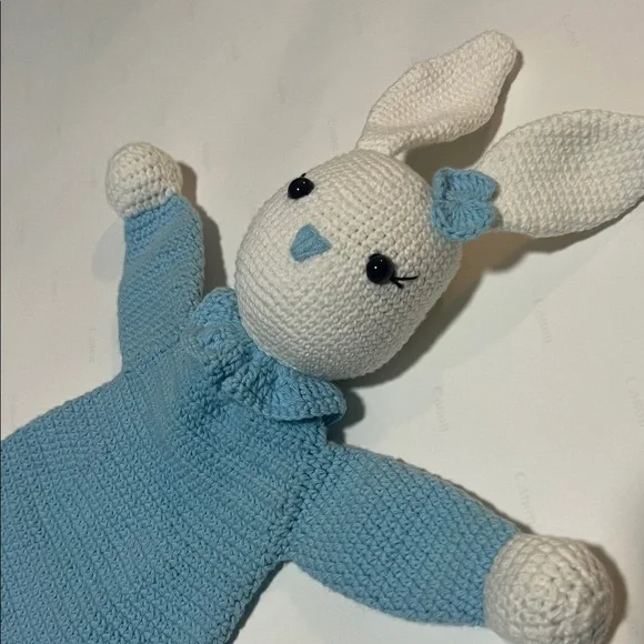 Hand Made Blue and White Knitted Bunny Toy - Picture 2 of 5